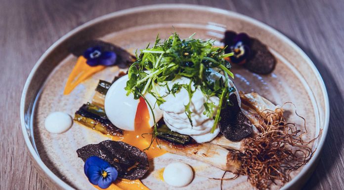 Calçots* cuits au Braséro œuf mollet bio mousse de topinambour copeaux de truffe & huile d’olive du jardin, par Aurélien POTARD