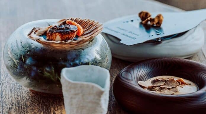 Recette : La truffe blanche des “MARCHES”, coquille Saint-Jacques de plongée avec son jus truffé, crémeux châtaigne poire par Frédéric Bacquié